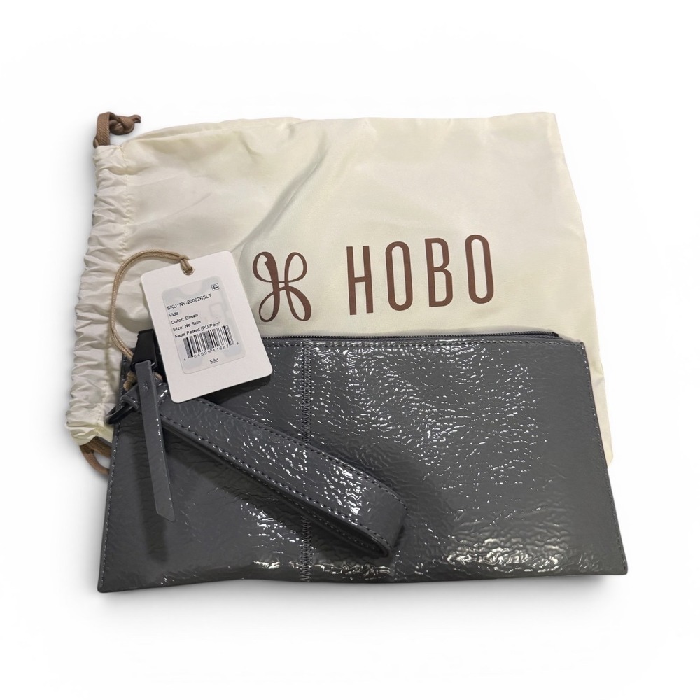 HOBO Vida Wristlet Clutch Bag Basalt Gray Faux Patent Leather NV-20062BSLT‎ NEW